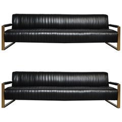 Modern Drama Pleated Leather Sofa with Brushed Brass Frames