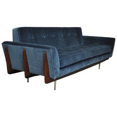 Mid-Century Sofa with Exposed Walnut Frame and Brass Legs