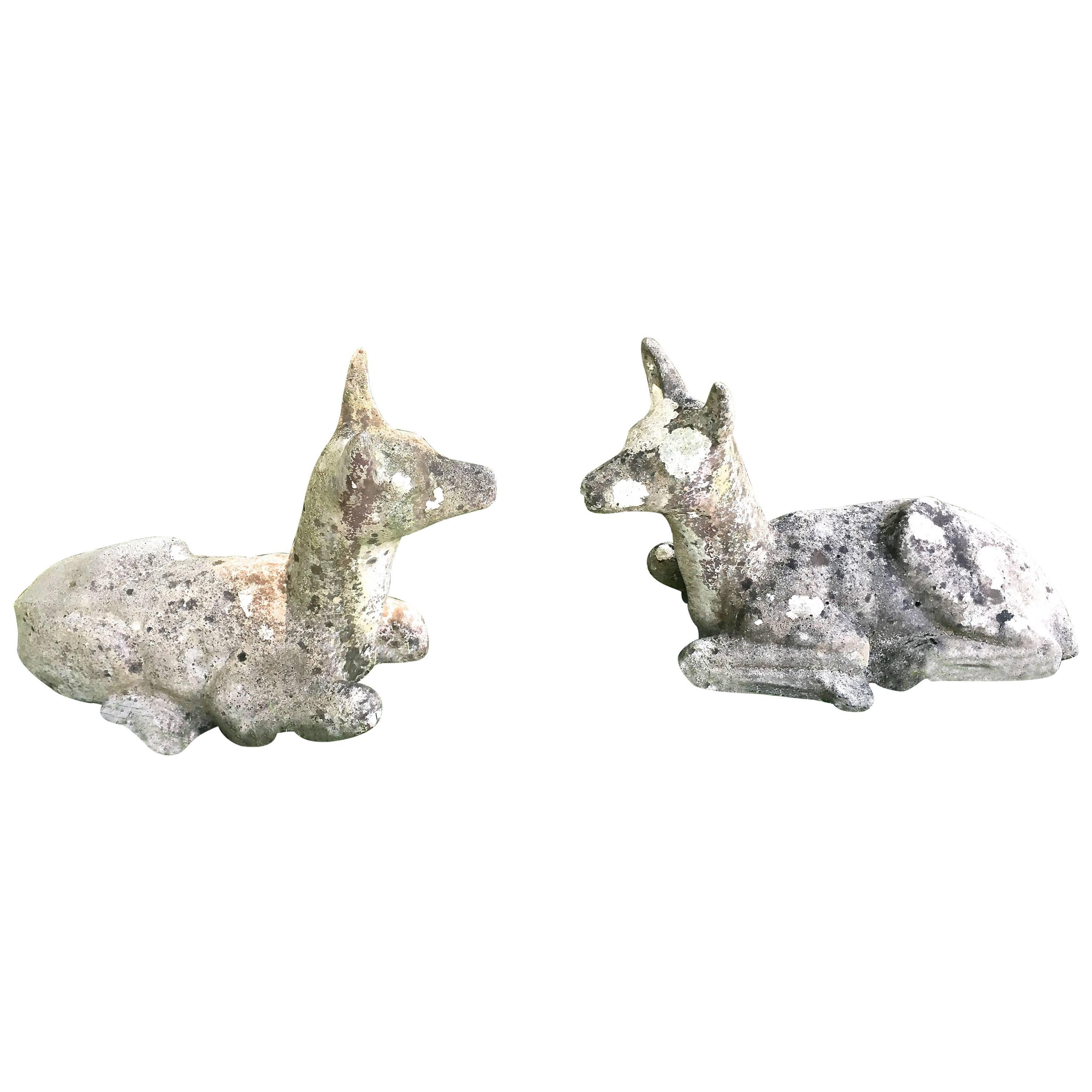 Two French Cast Stone Recumbent Deer