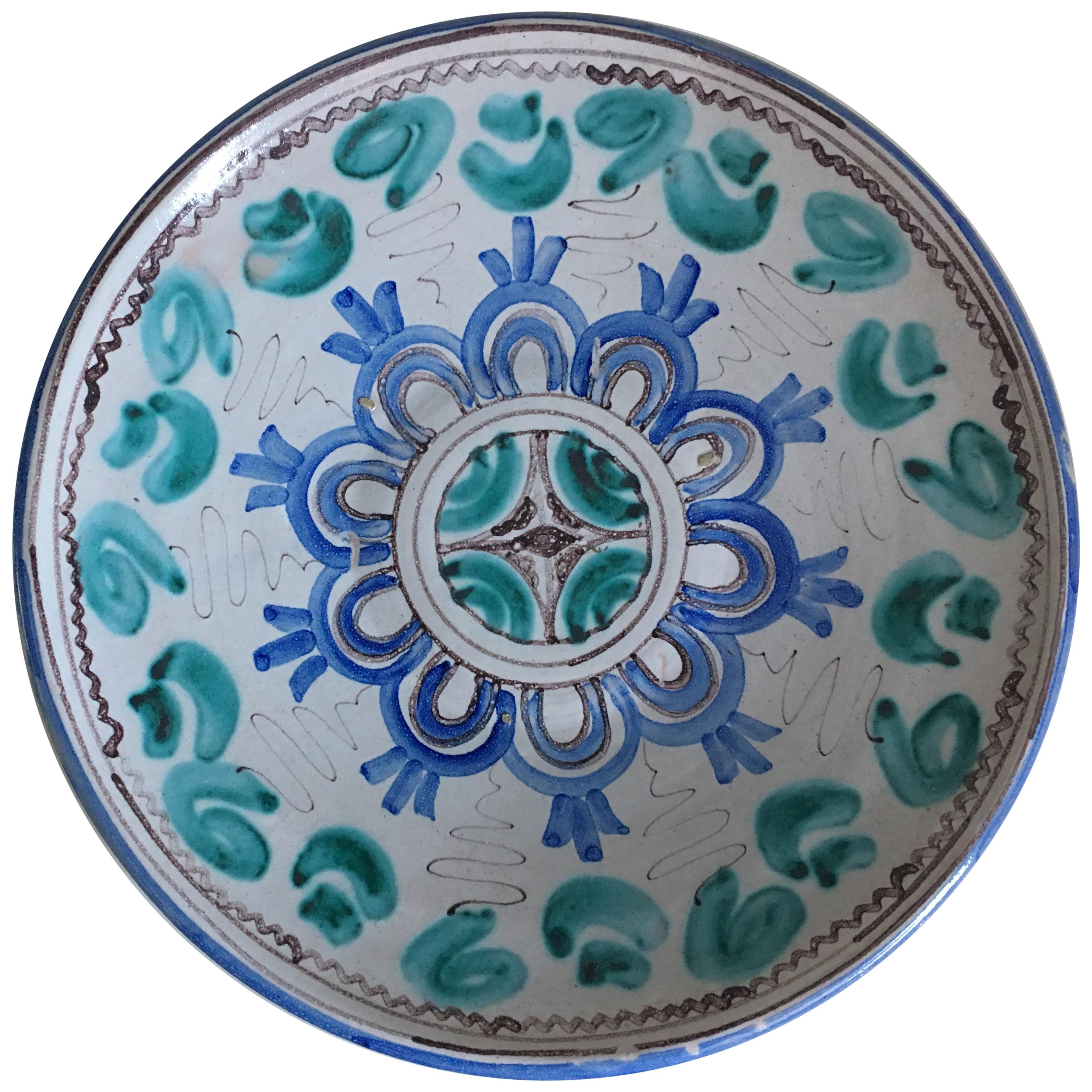 Midcentury Blue and Green Ceramic Dish or Plate with Geometrical Motifs