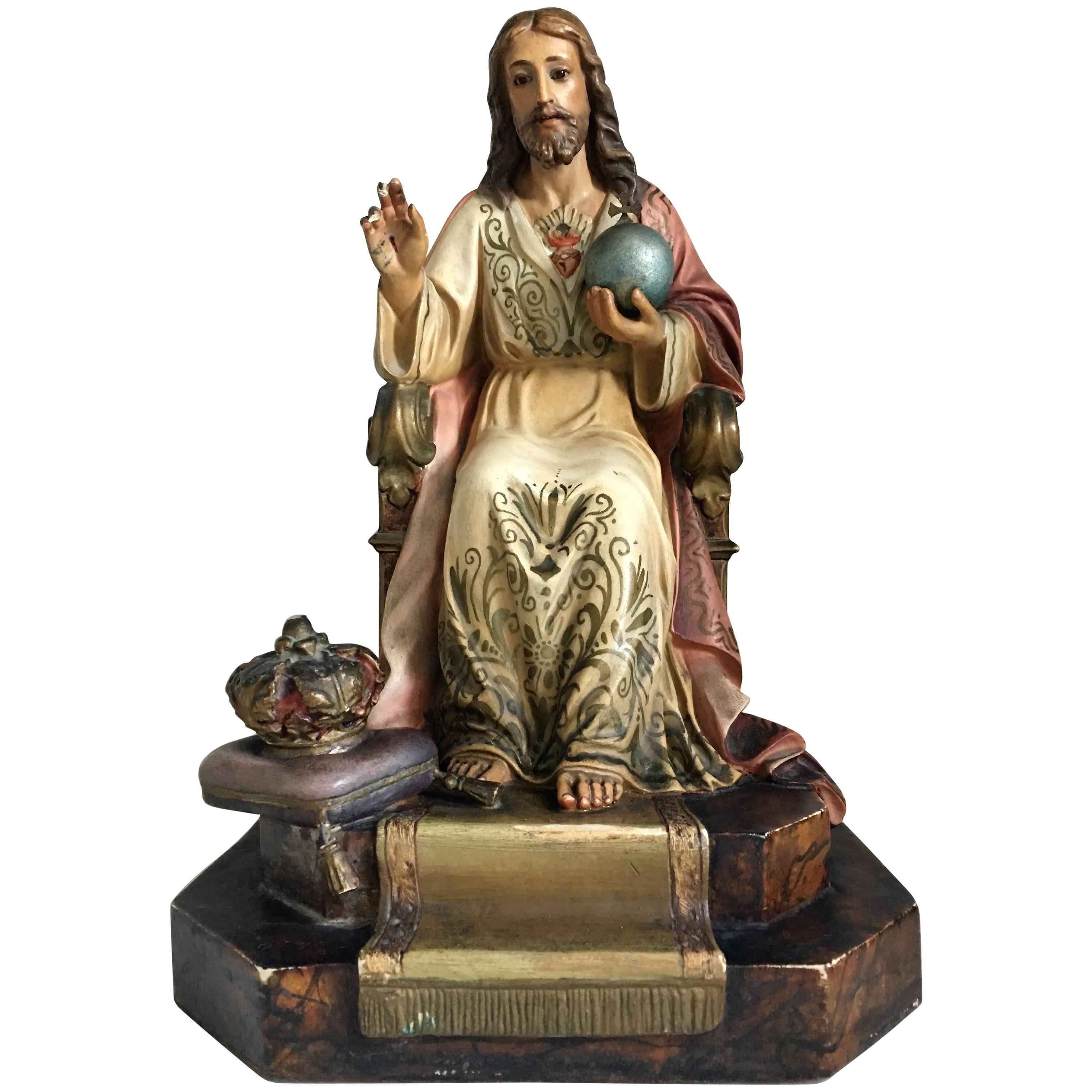 20th Century French Painted and Gilt Statue of Jesus Christ, Sacred Heart For Sale