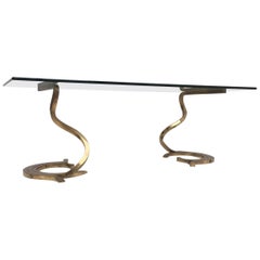 Stunning Sculptural Serpentine Form Coffee Table, Solid Brass Bar, Italy, 1970
