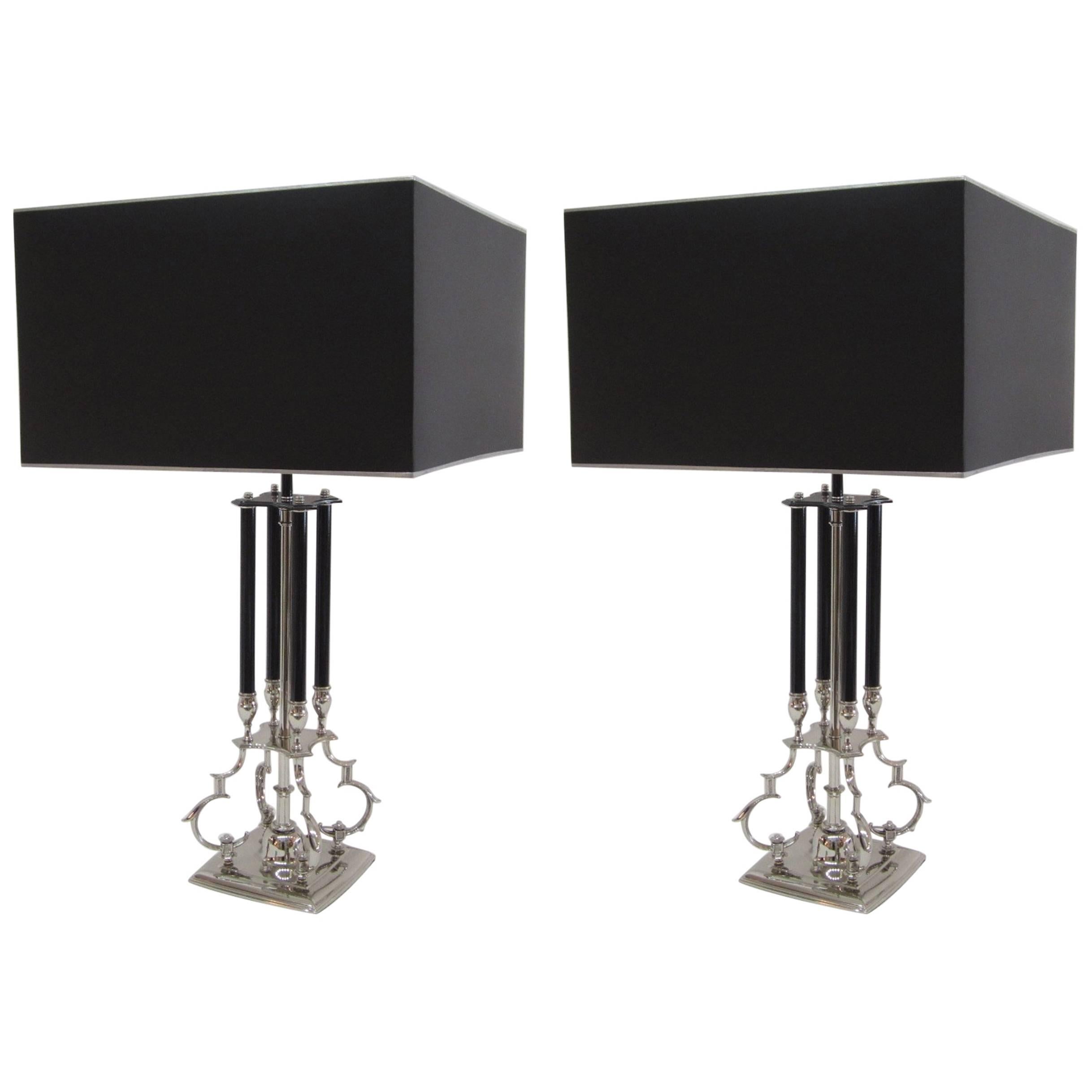 Pair of 1950s Metal Lamps with Impressive Black and Silver Shades