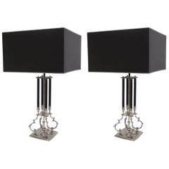 Pair of Decorative Scrolled Metal Lamps with Magnificent Large Square Shades 8