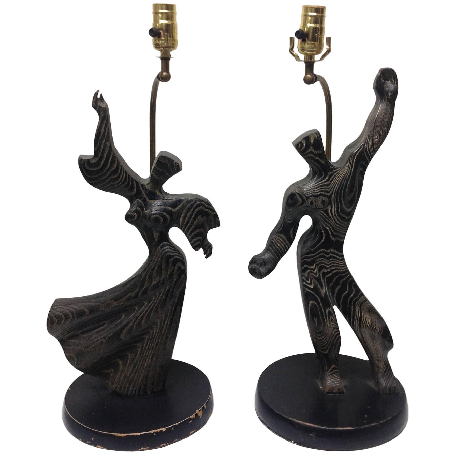Pair of Modernist Cerused Oak Heifetz Lamps For Sale