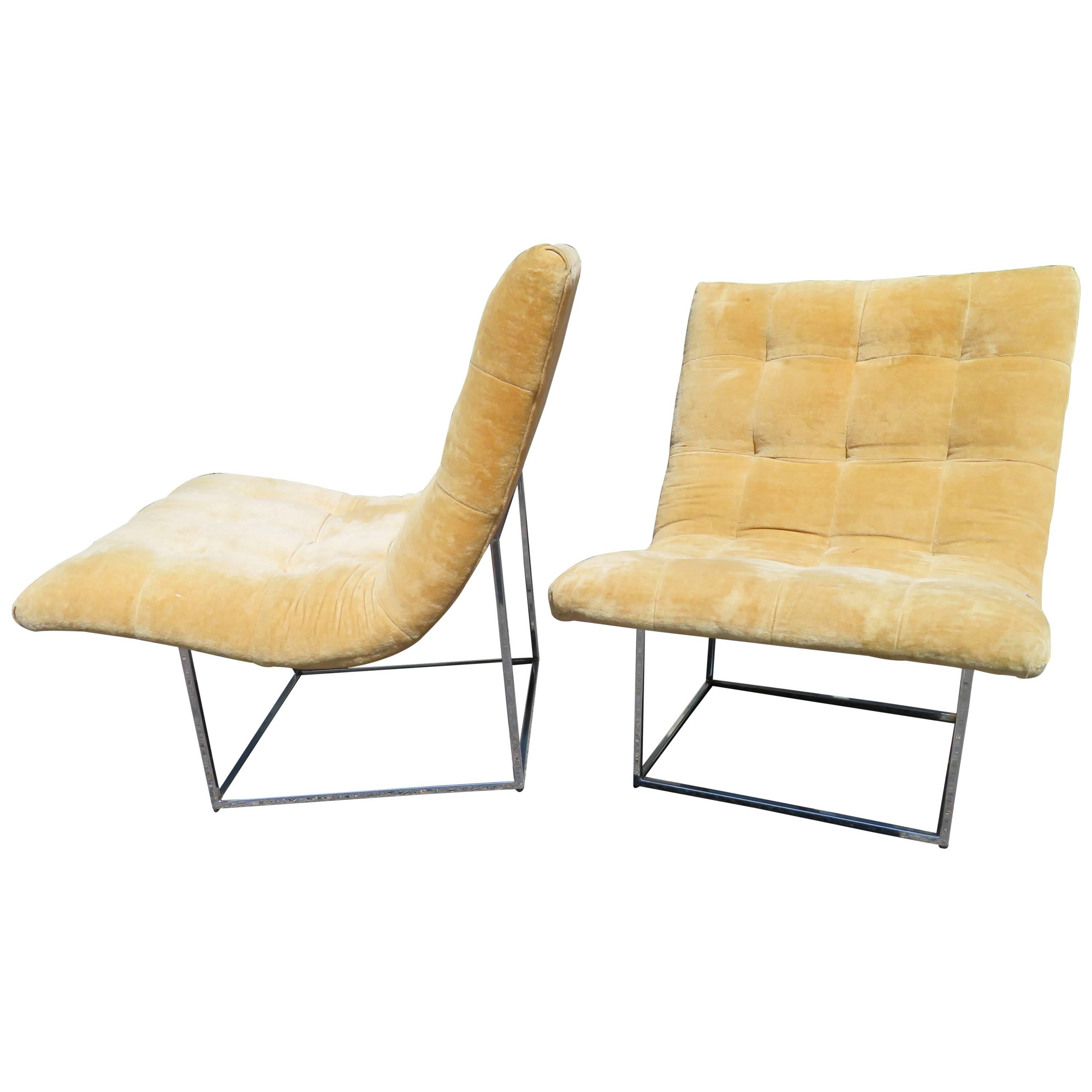 Fabulous Pair of Milo Baughman Chrome Scoop Slipper Chair, Mid-Century Modern