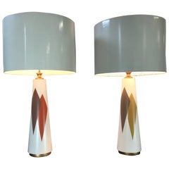 Large Matched Pair of Mid-Century Modern Stone Table Lamps, Harlequin Design