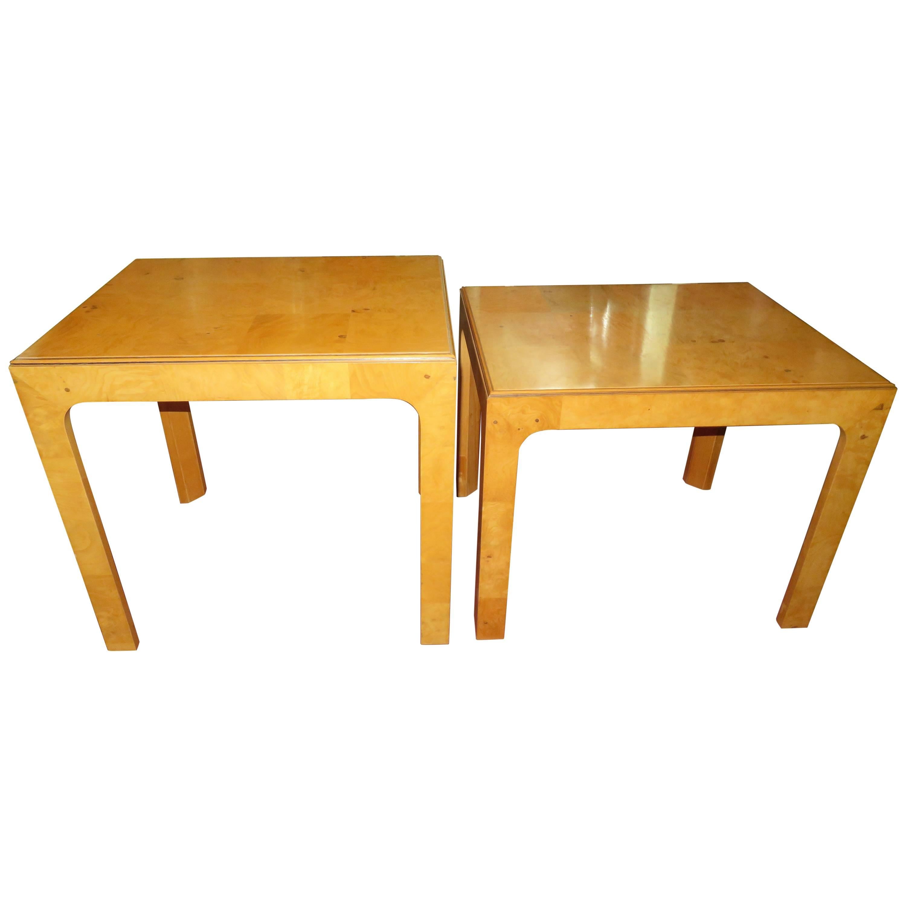 Handsome Pair of Henredon Scene Two Burled Olive Wood End Side Tables For Sale