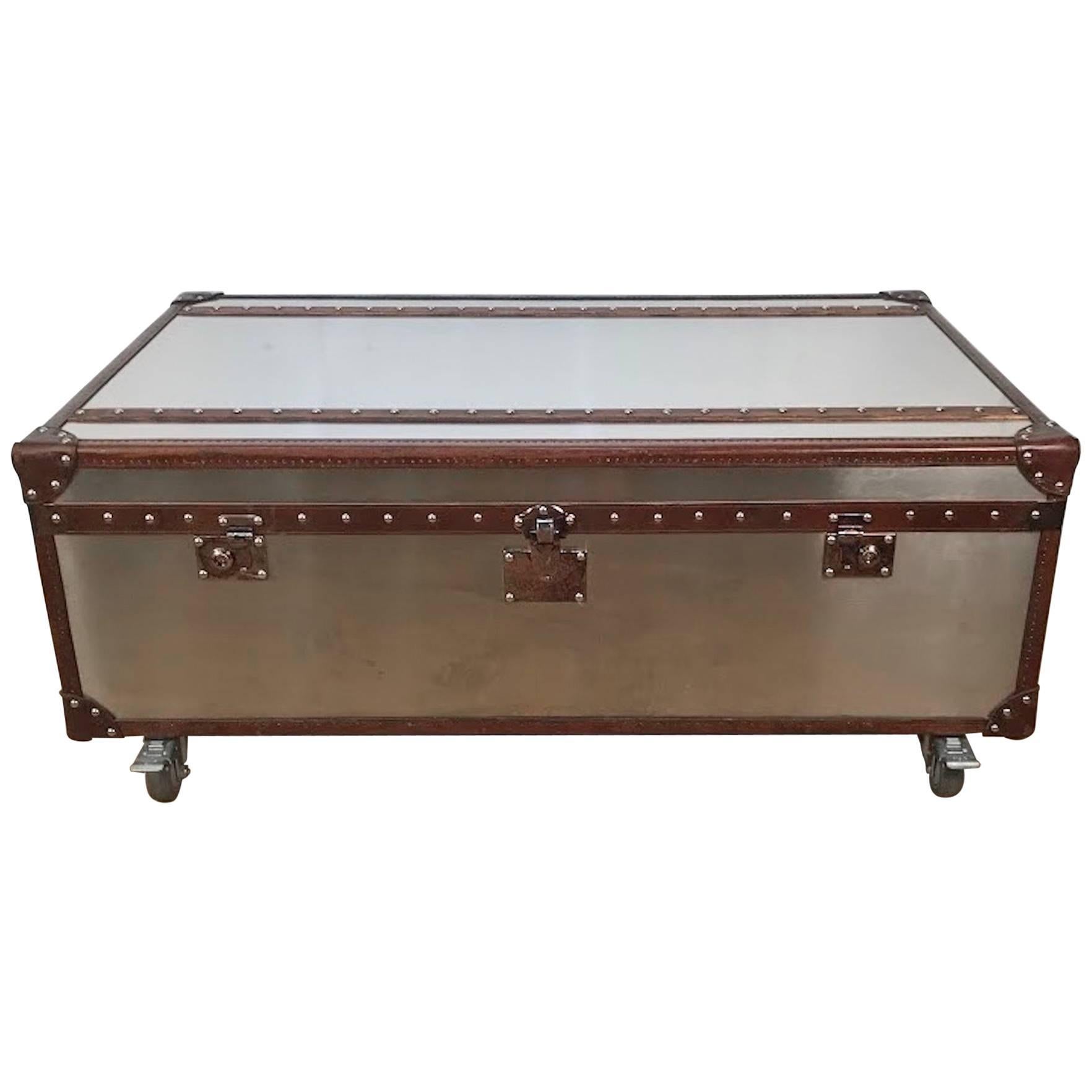 Stainless Steel and Leather Bound Trunk Coffee Table with Two Side Drawers