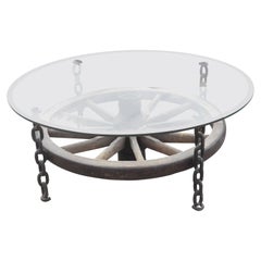 Used Turn of the Century French Wagon Wheel Chain Link Leg Coffee Table with Glass