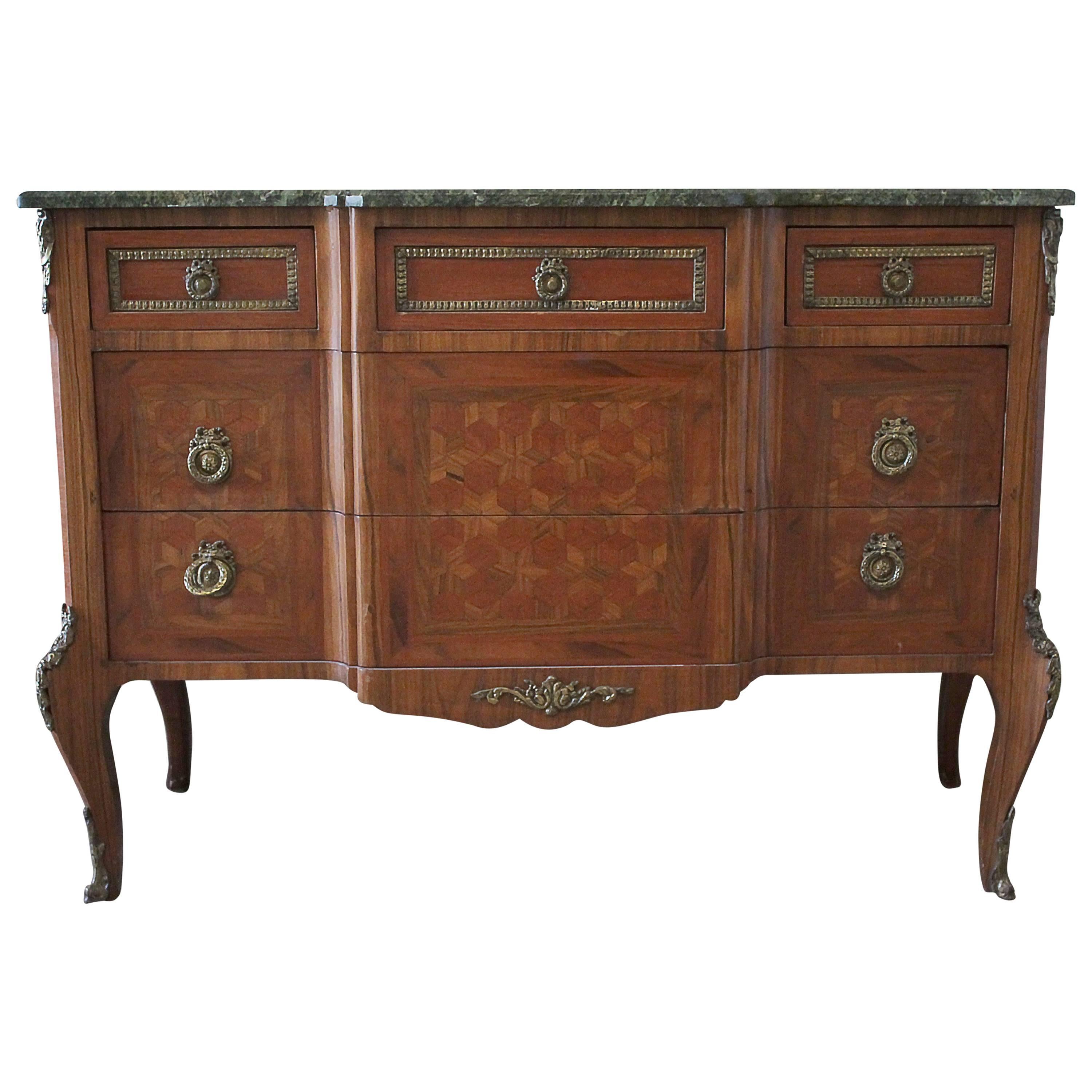 French Marquetry Inlaid Commode with Marble Top