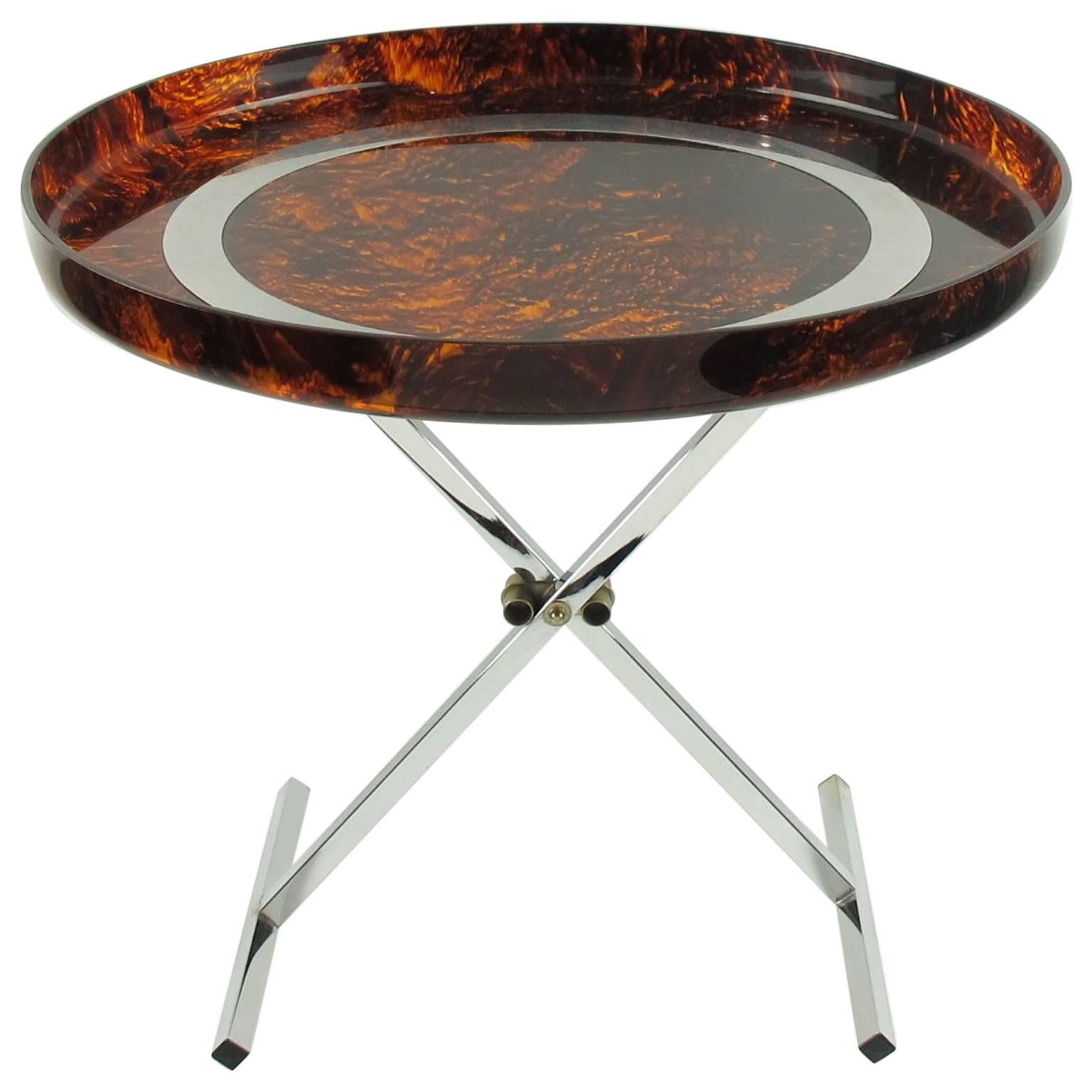 Mid-Century Modern Folding Tray Table Tortoise Lucite and Chrome, Italy, 1980s