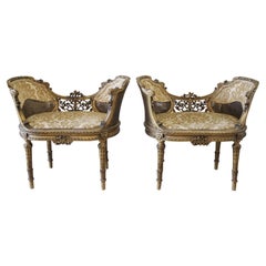 Antique 19th Century Giltwood Carved Louis XVI Style Vanity Chairs