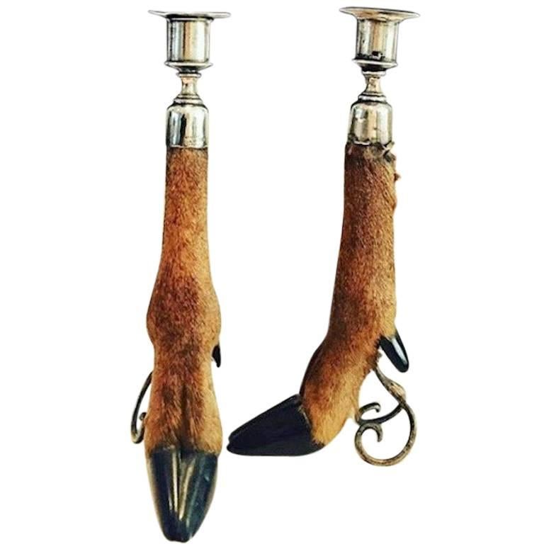 English 18th Century Sterling Silver Hoof Candlesticks For Sale