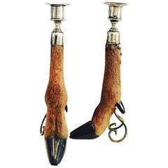 English 18th Century Sterling Silver Hoof Candlesticks