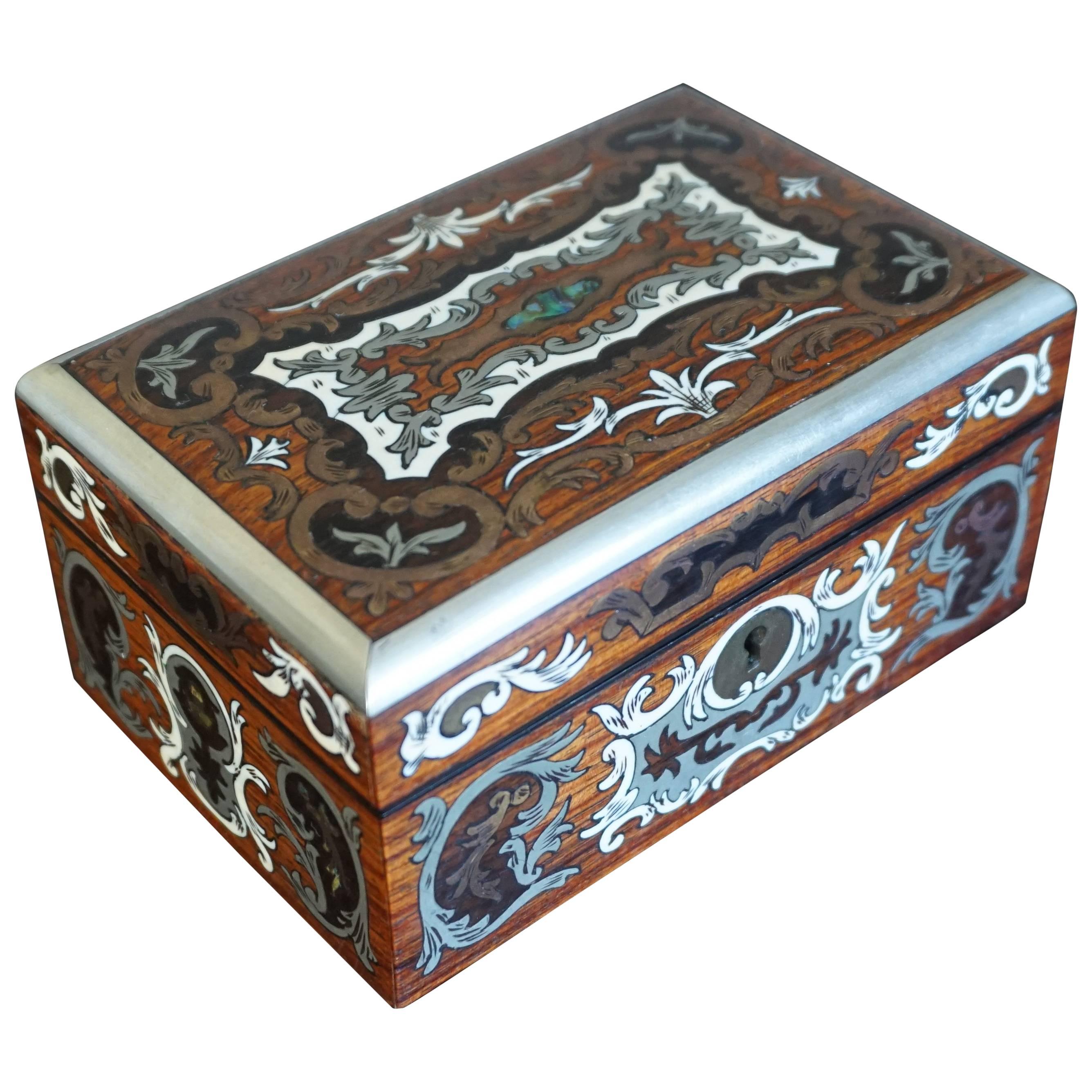Stunning Antique Box Inlaid with Amazing Motifs in Silver, Bone, Mother-of-Pearl