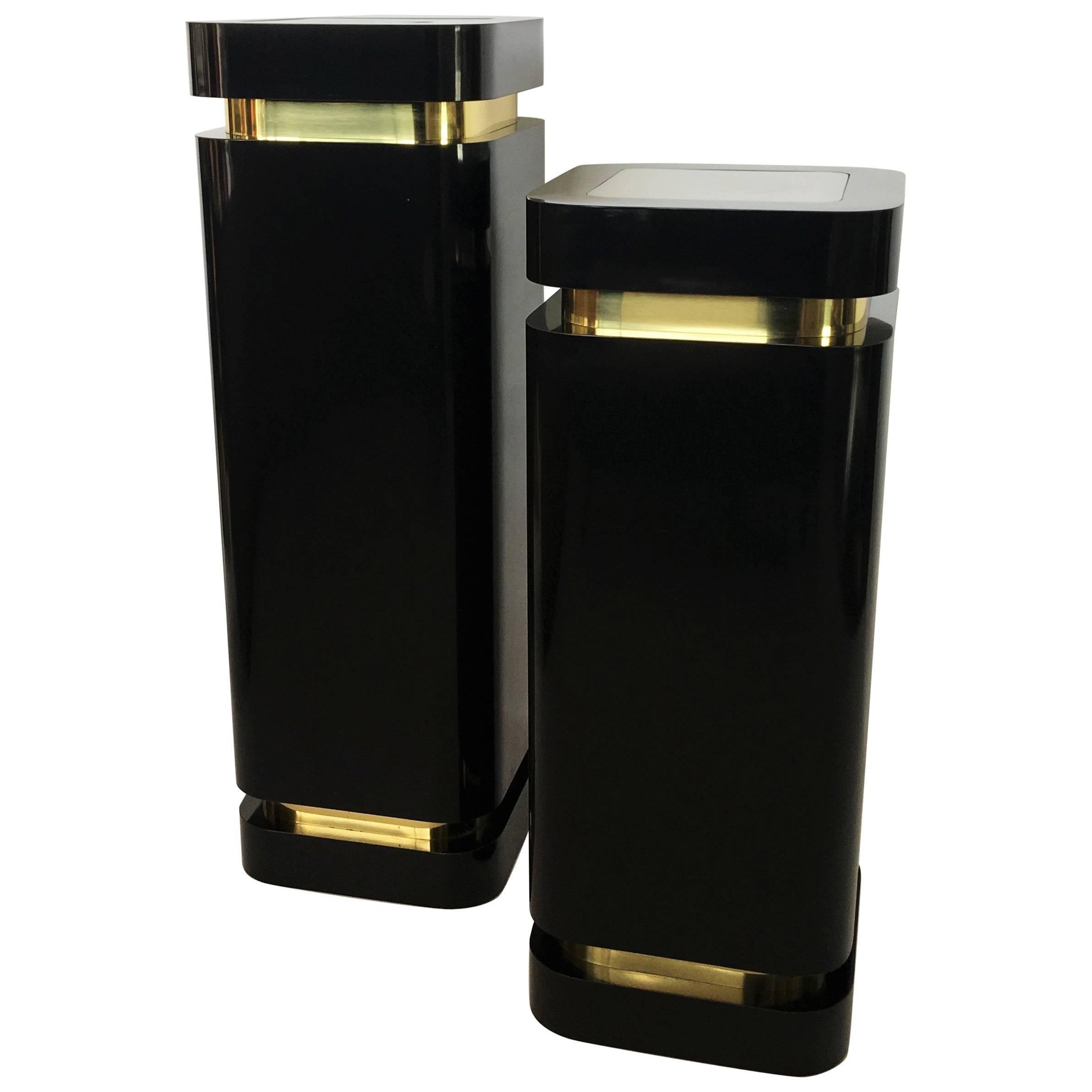 Pair of Black Lacquer and Brass Pedestals For Sale