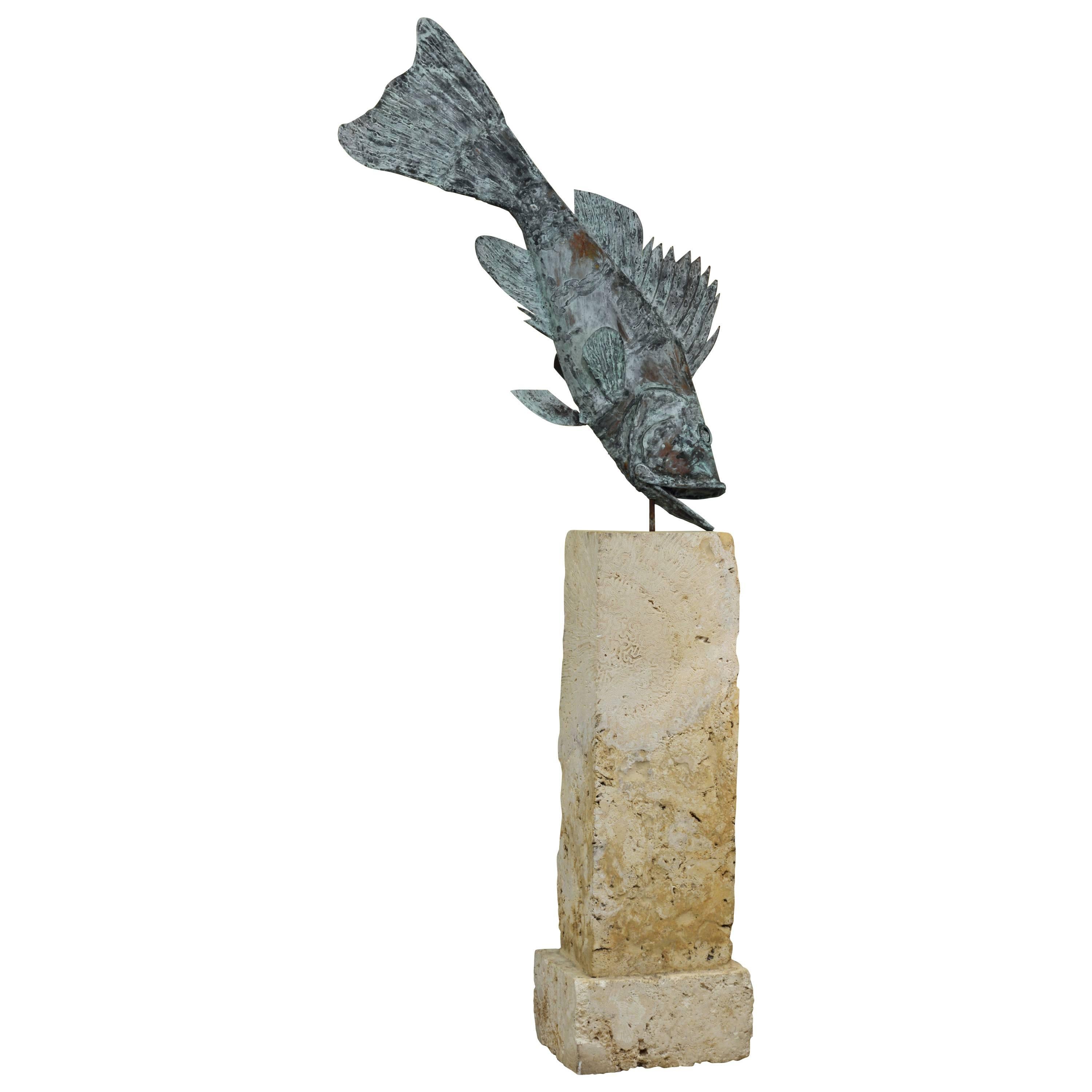 Large Verdigris Copper Sculpture of a Fish Mounted on a Real Coral Rock Pedestal