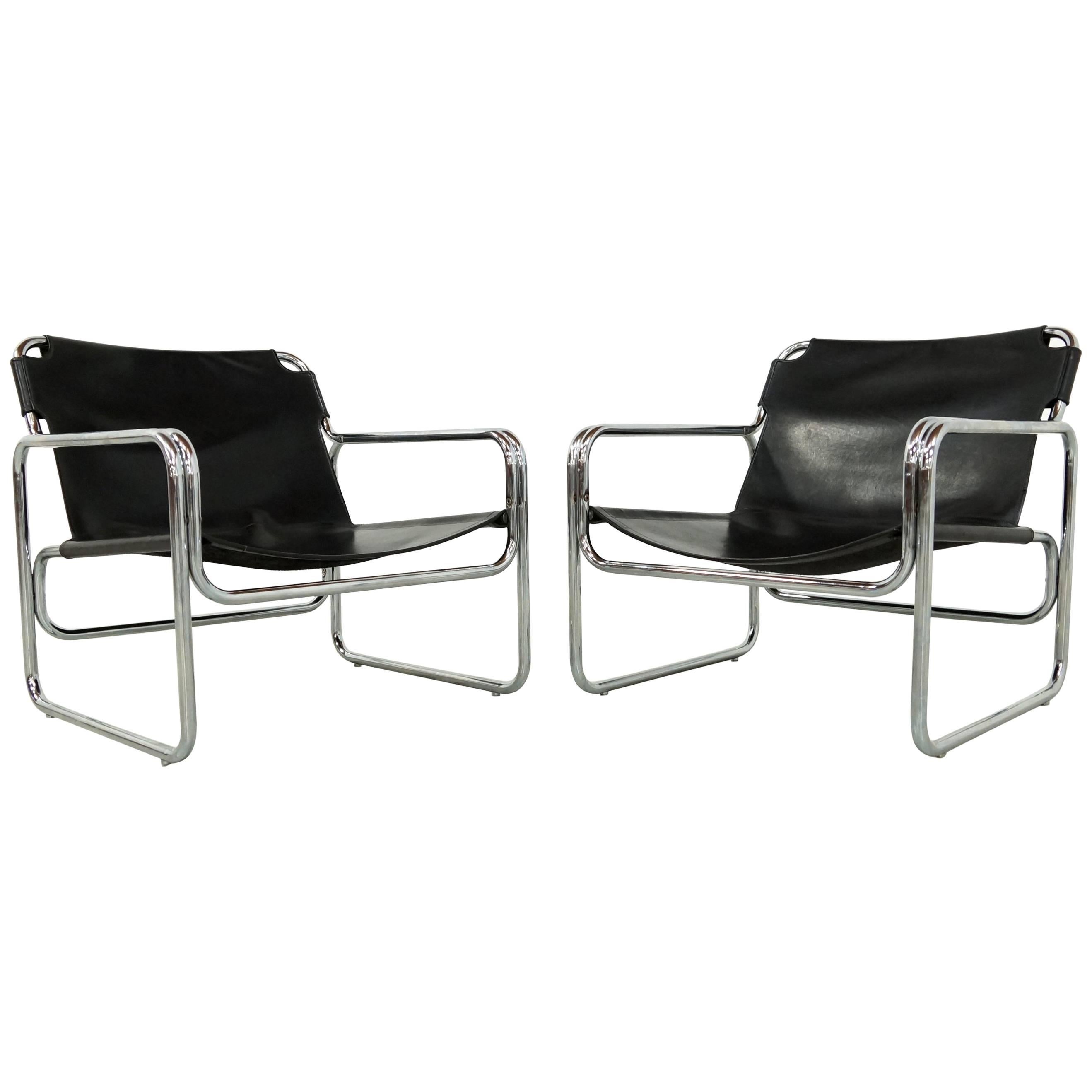 Pair of Antella Mosca Black Leather Lounge Chairs, Model Attico 1970, s 