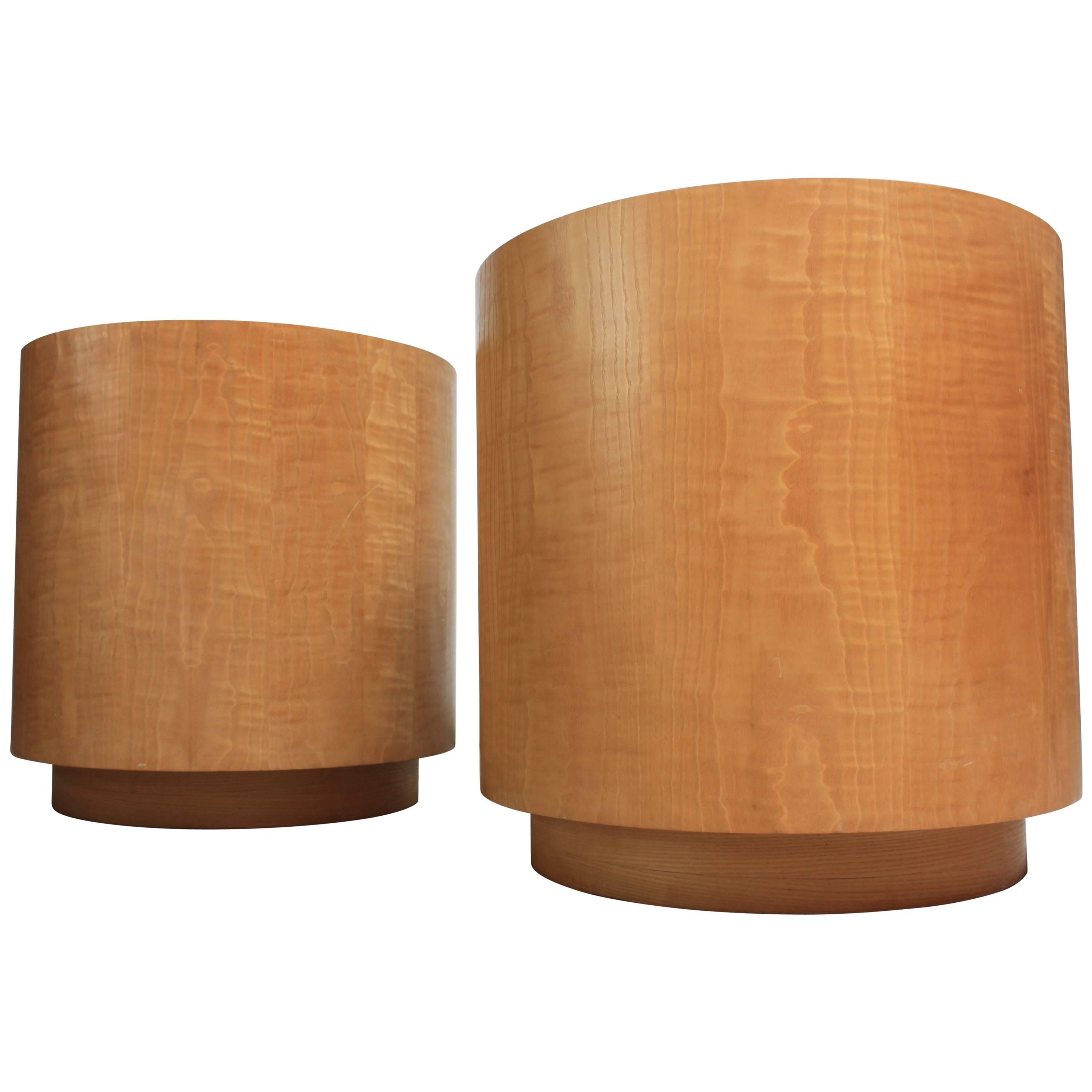 Pair of Large Bookmatched Bird's-Eye Maple Drum Tables