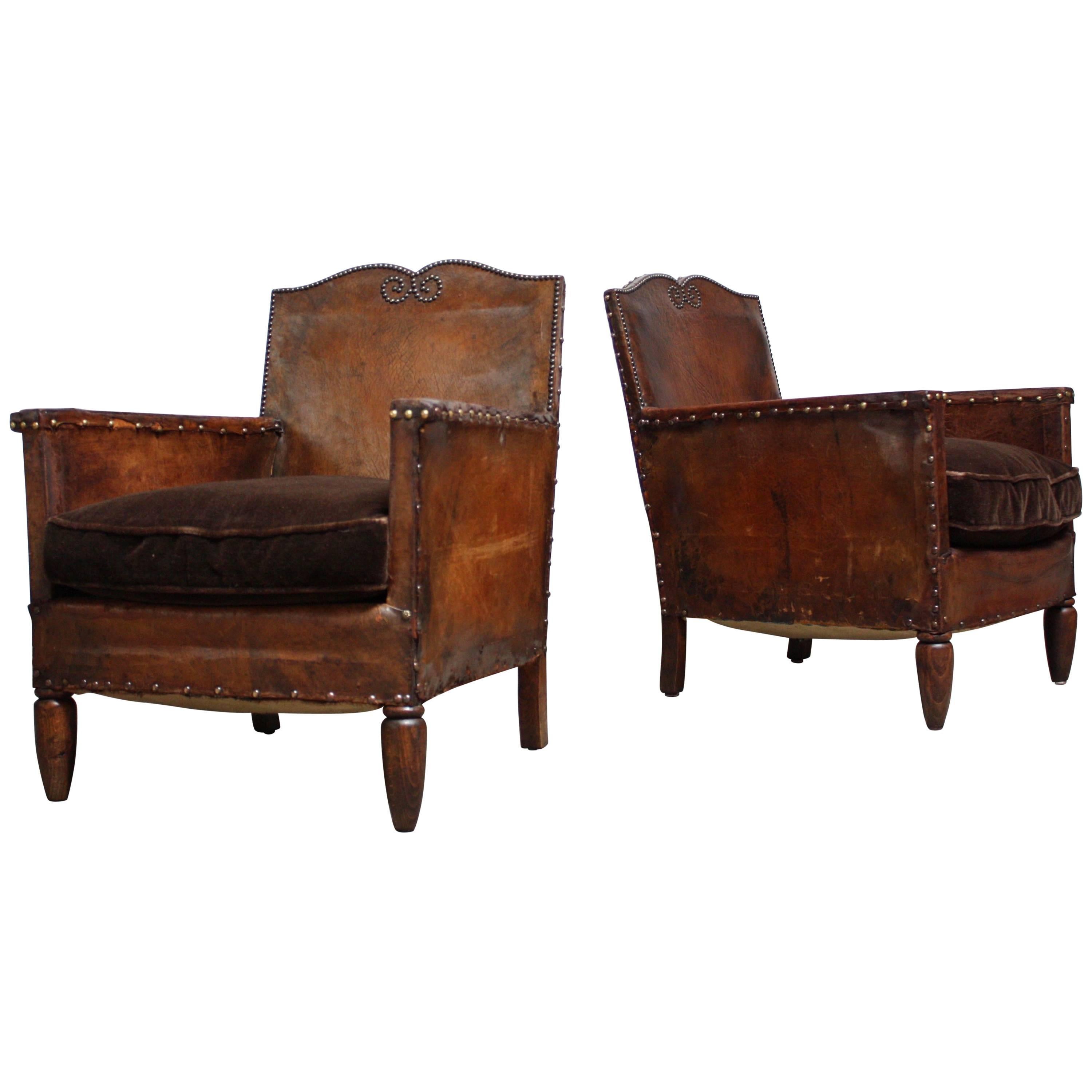 Pair of Diminutive French Leather Club Chairs