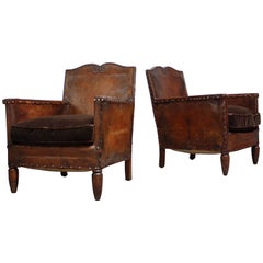 Antique Pair of Diminutive French Leather Club Chairs