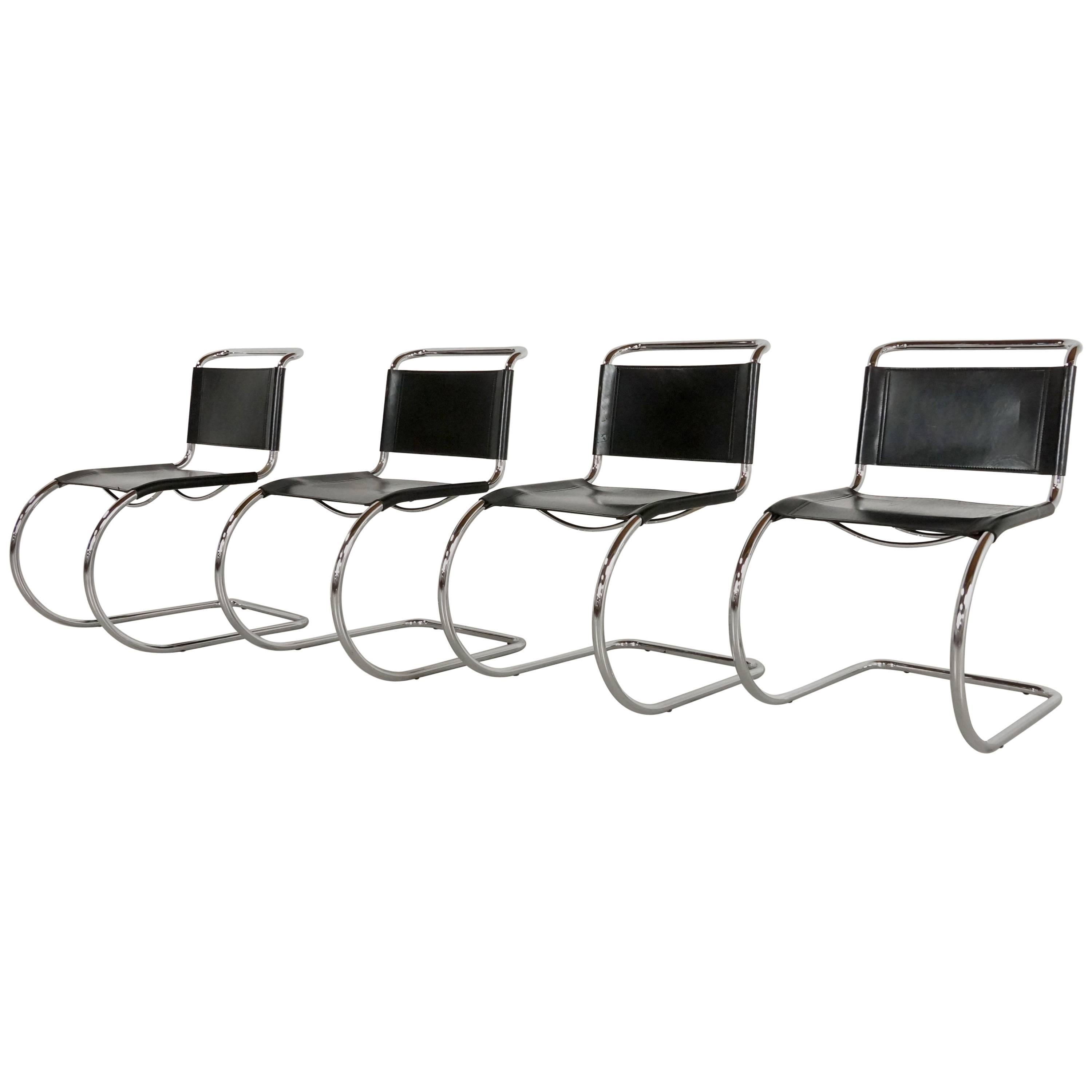 Set of Four Mies Van Der Rohe MR10 Chairs Black Leather