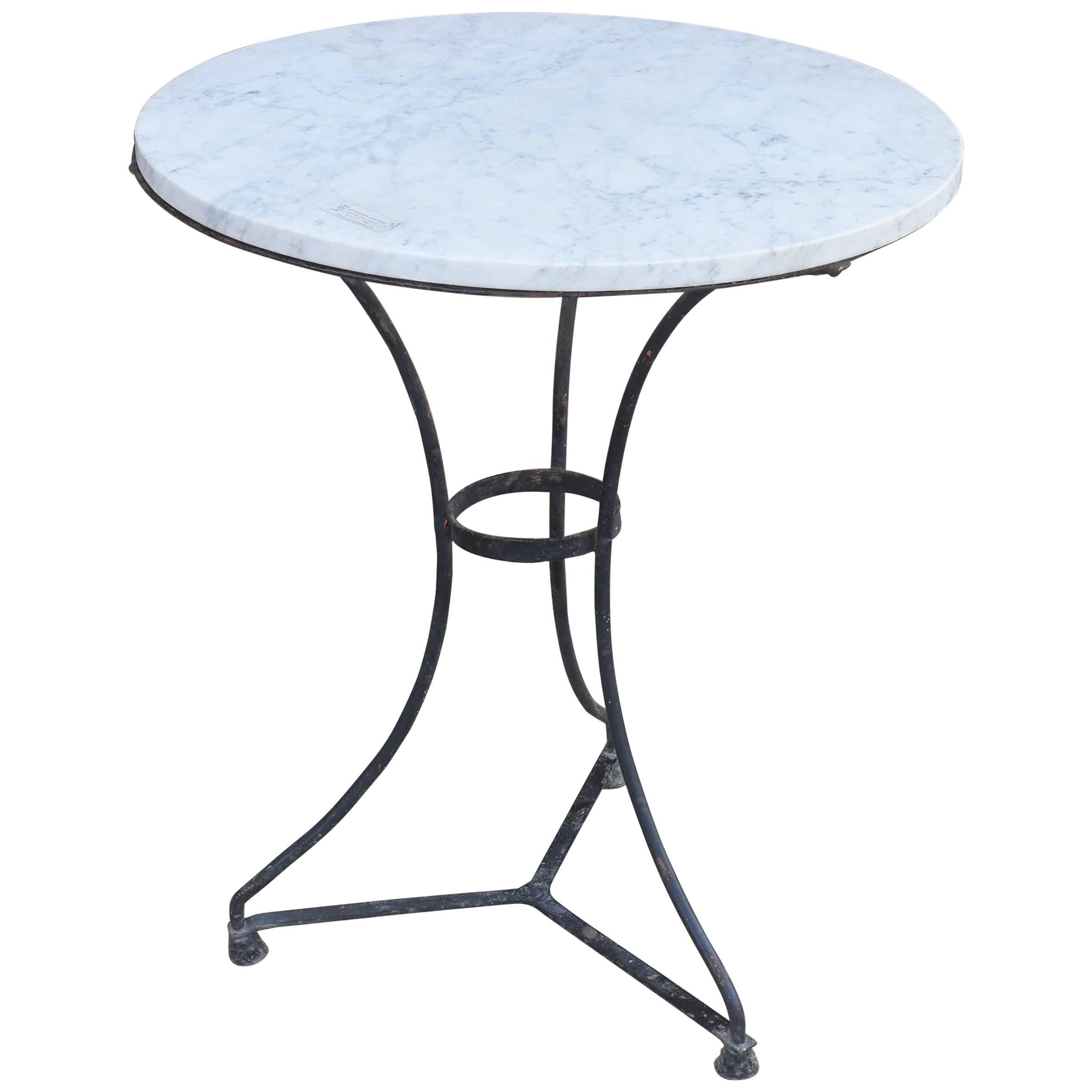 Late 19th Century French Iron Bistro Table Painted Black with White Marble Top