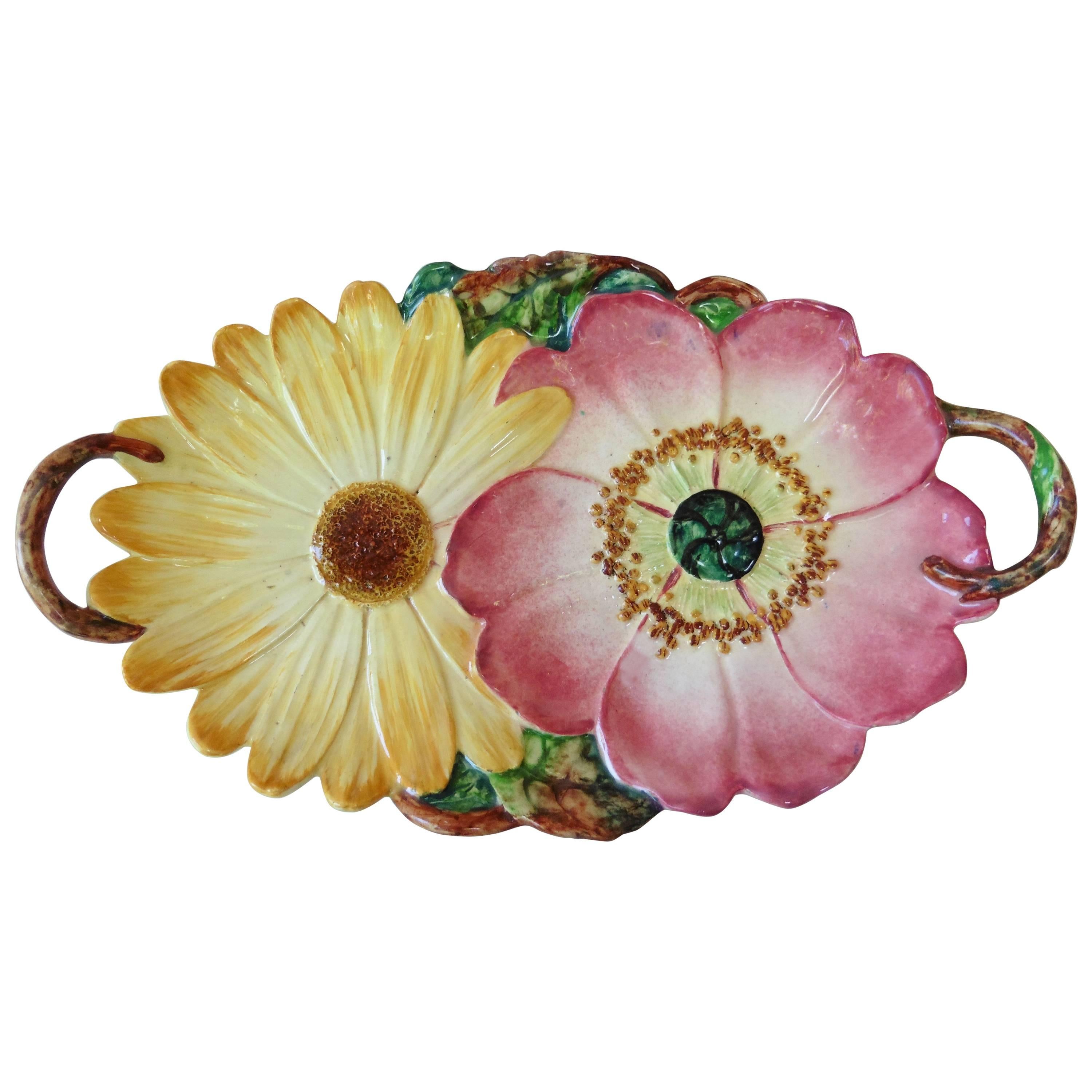 19th Century Majolica Flowers Handled Platter Massier