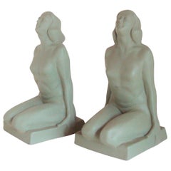 Vintage Pair of American Art Deco Green Painted Female Nude Figural Ceramic Bookends