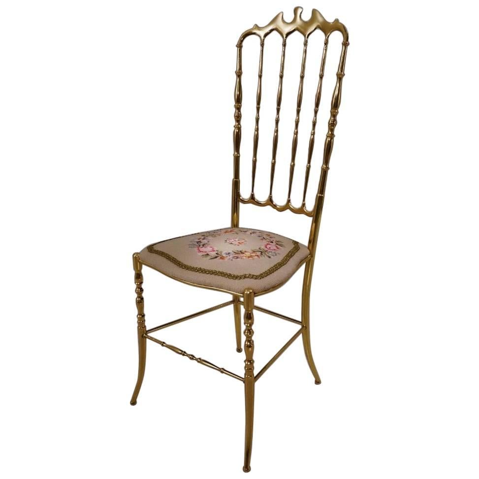 Chiavari Solid Brass Chair, Needle Point Seat and High Back, circa 1950s Italian