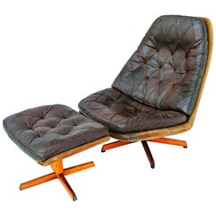 Danish Leather Swivel Lounge Chair MS68 with Ottoman by Madsen & Schübel, 1960s