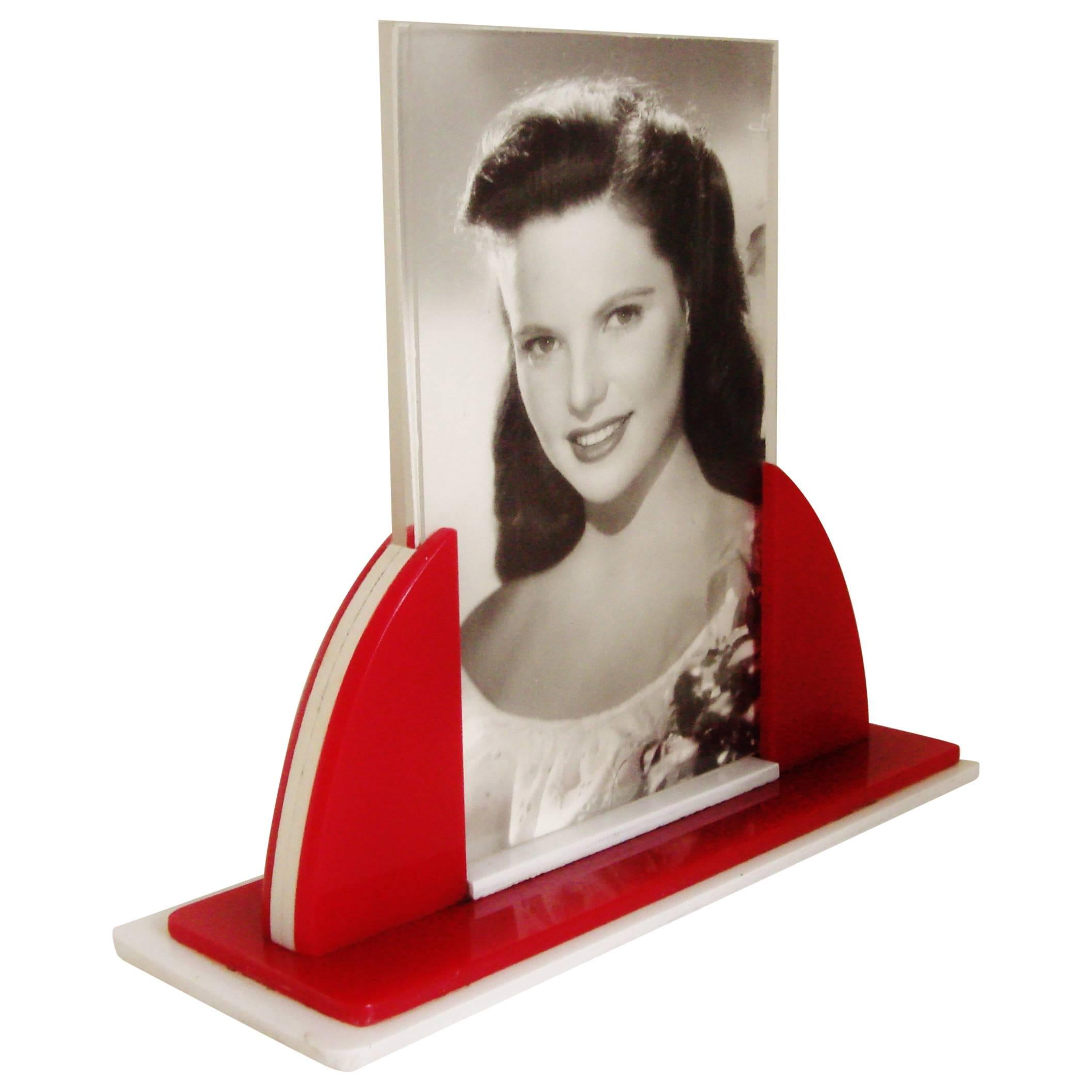 English Art Deco Red, White and Clear Lucite Odeon Style Desk Photo Frame