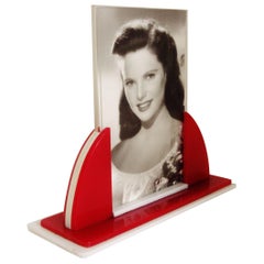 English Art Deco Red, White and Clear Lucite Odeon Style Desk Photo Frame