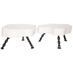 Vintage Pair of White Lacquered Tree Trunk Tables with Nautical Chain Legs, Circa 1960
