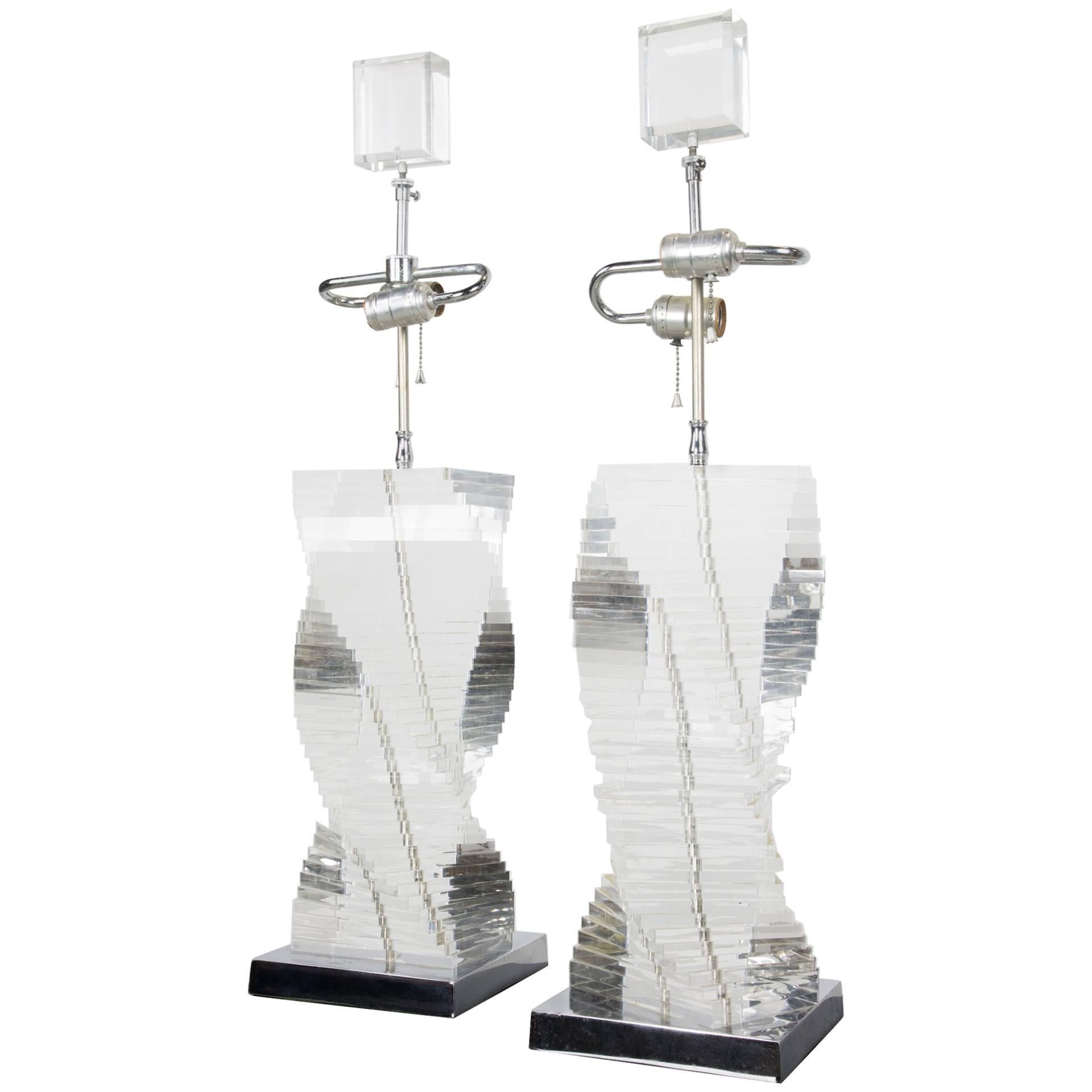 Pair of Stacked Lucite Helix Table Lamps For Sale