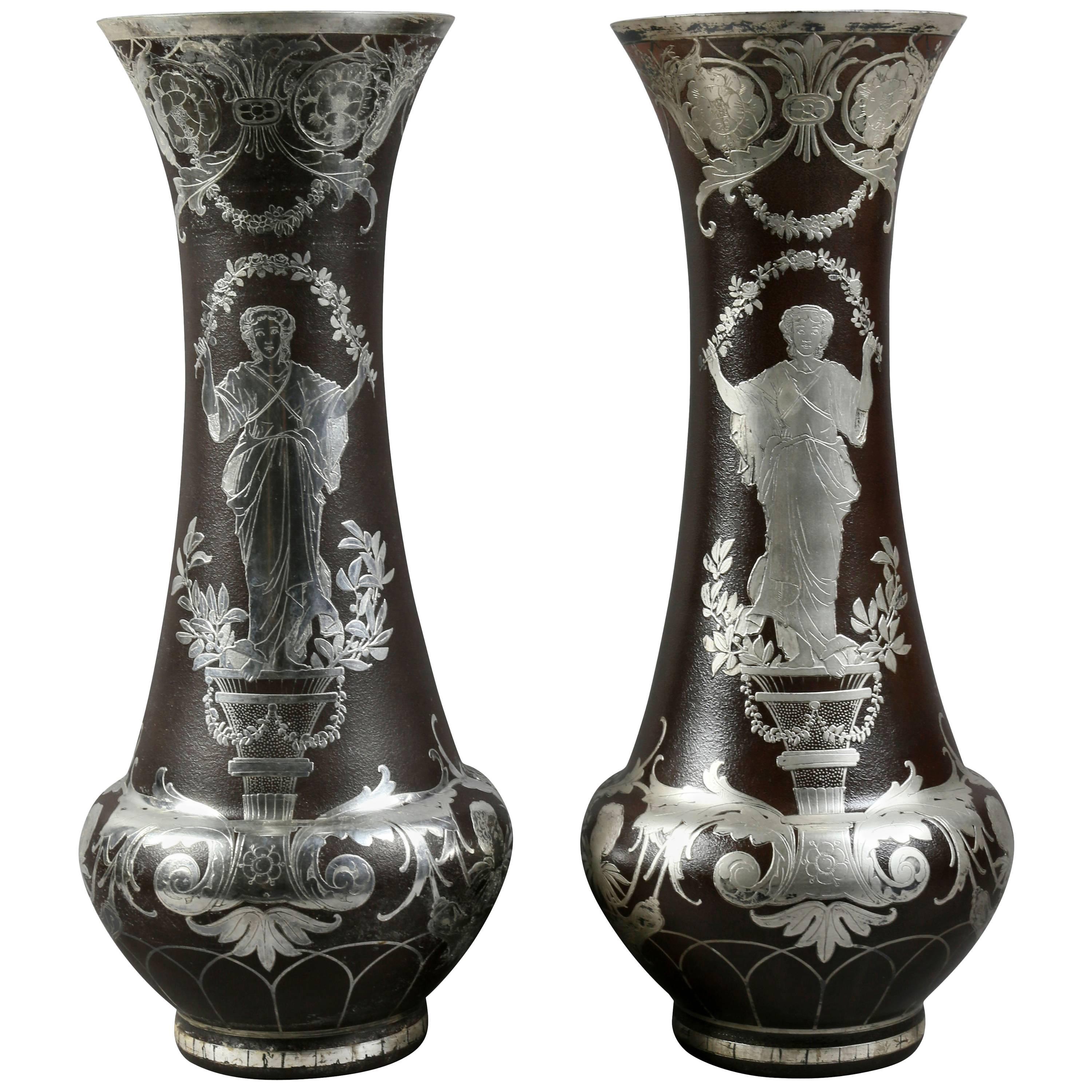 Pair of French Art Glass Vases with Silver Overlay For Sale