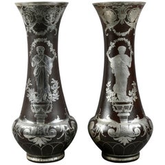 Pair of French Art Glass Vases with Silver Overlay