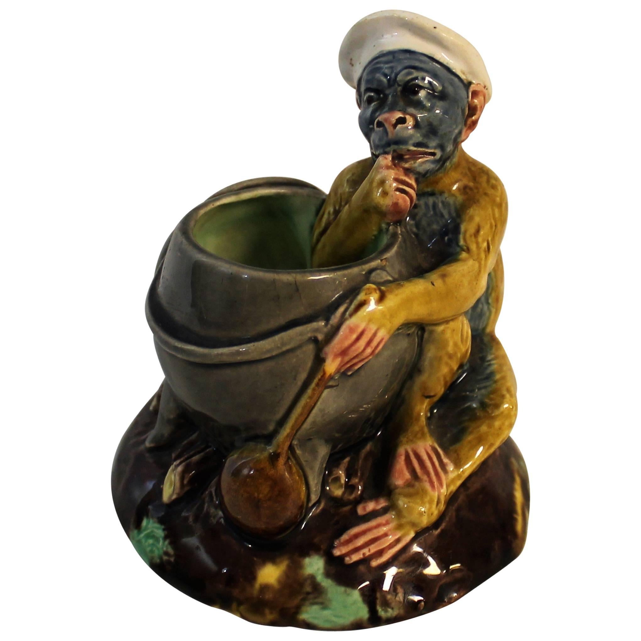 19th Century Thomas Sargent French Majolica Match Holder with Figural Monkey