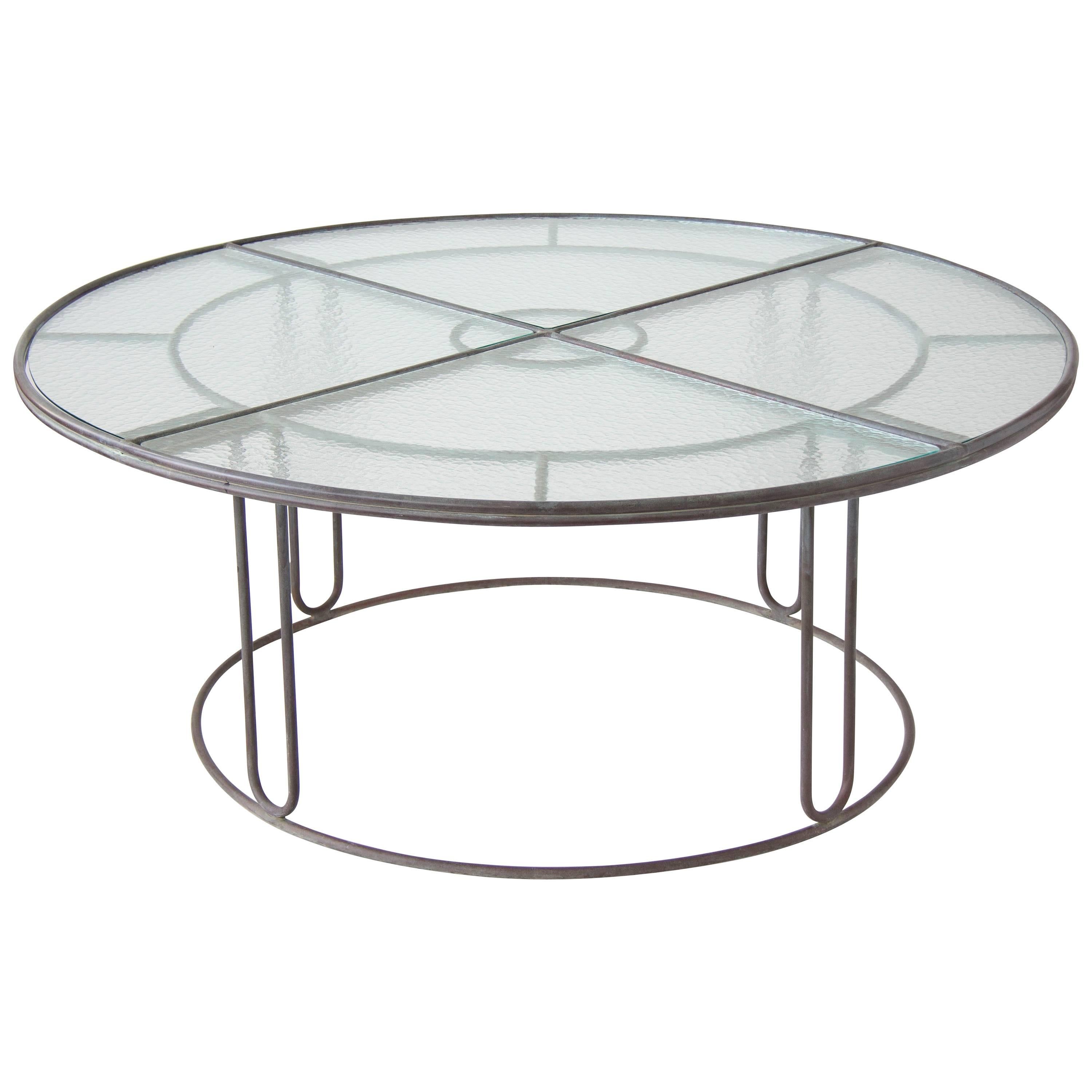 Walter Lamb Bronze Round Dining Table with Hammered Glass Top