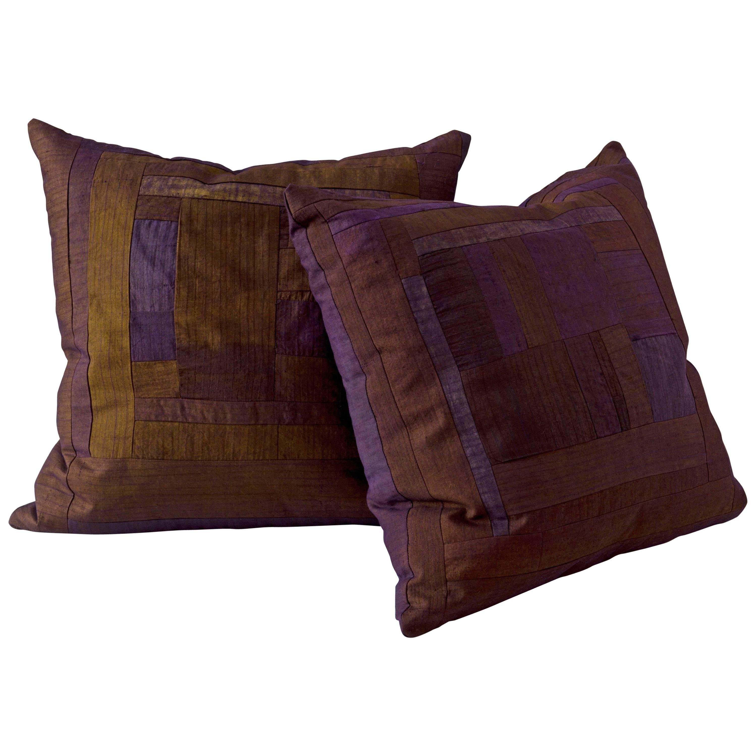 Miao Piecework Pillows, Color-Block in Brown and Bronze For Sale