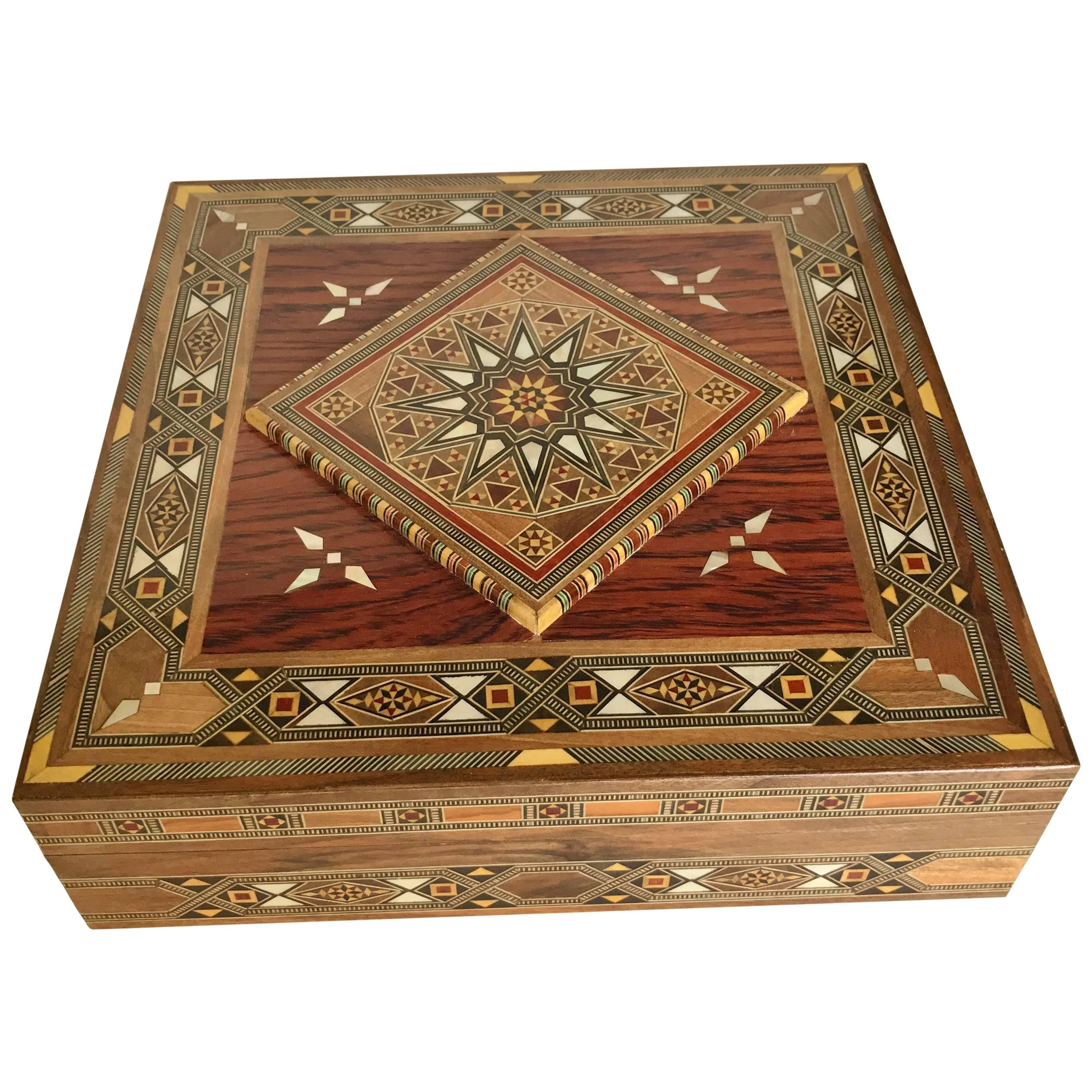 Syrian Walnut Wood Box Inlaid with Mother-of-Pearl, Cream Leather Lining