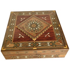 Syrian Walnut Wood Box Inlaid with Mother-of-Pearl, Cream Leather Lining