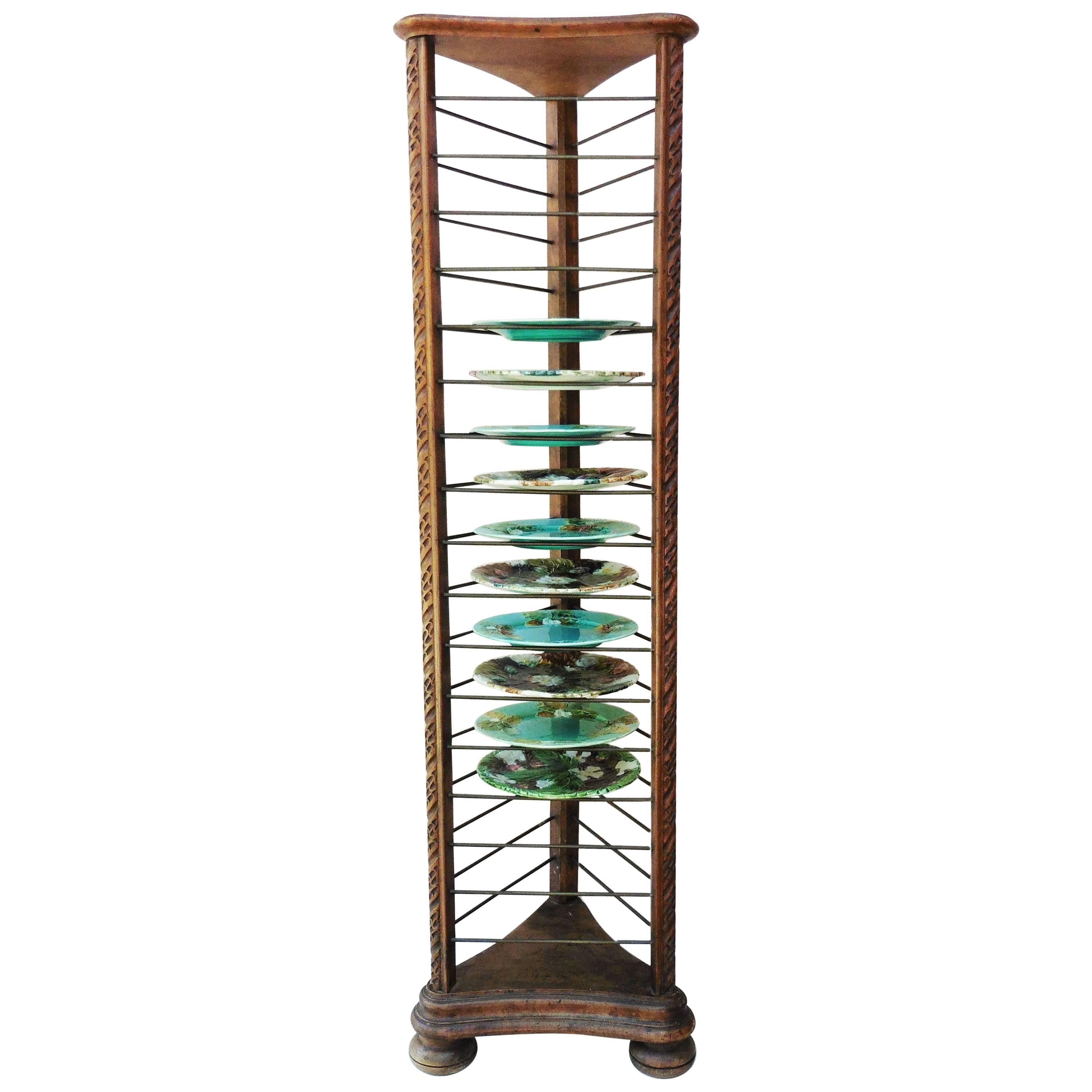 French Carved Plate Rack with Brass Holders, circa 1880