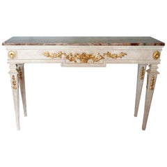 Louis XVI Style Pained Console Table with Gilt Hand-Carved Details, Marble Top