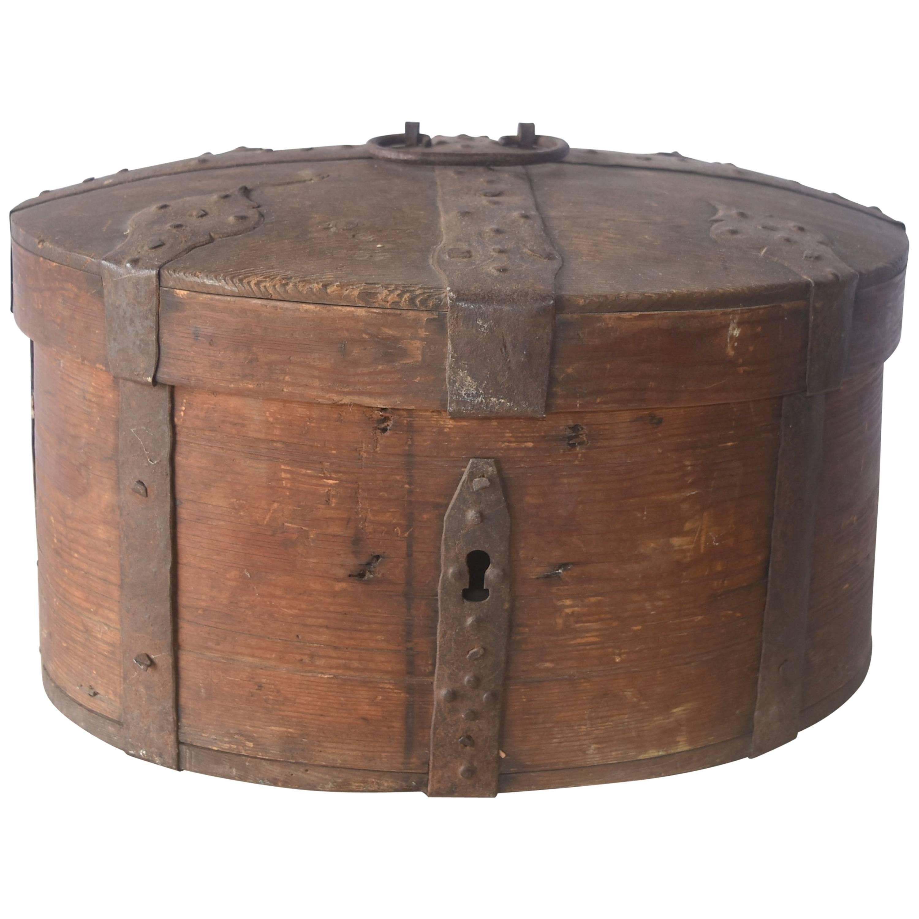 19th Century Wooden Swedish Food Box with Iron Straps and Handle
