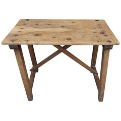 Antique Spanish Late 18th Century Pine Side Table Wooden Stretcher and Iron Nails