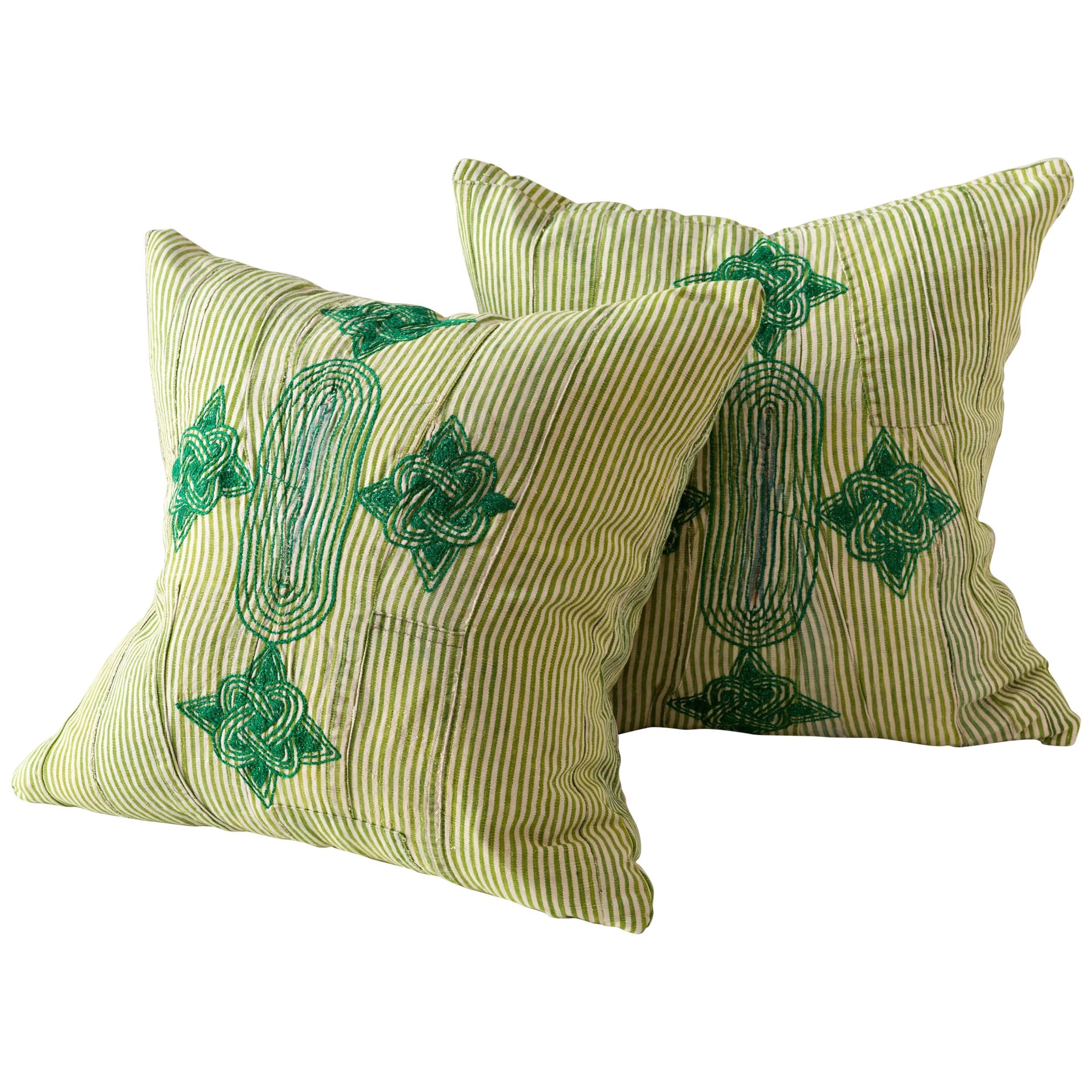 Vintage Grand Boubou Textile Pillow in Greens For Sale