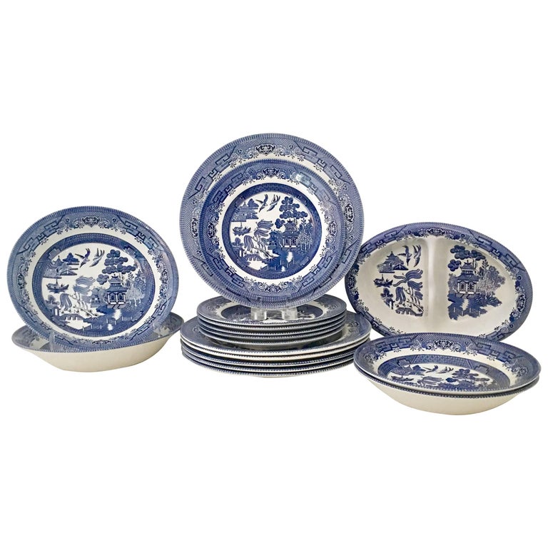 Vintage Staffordshire, England Ceramic Dinnerware "Blue Willow" Set of