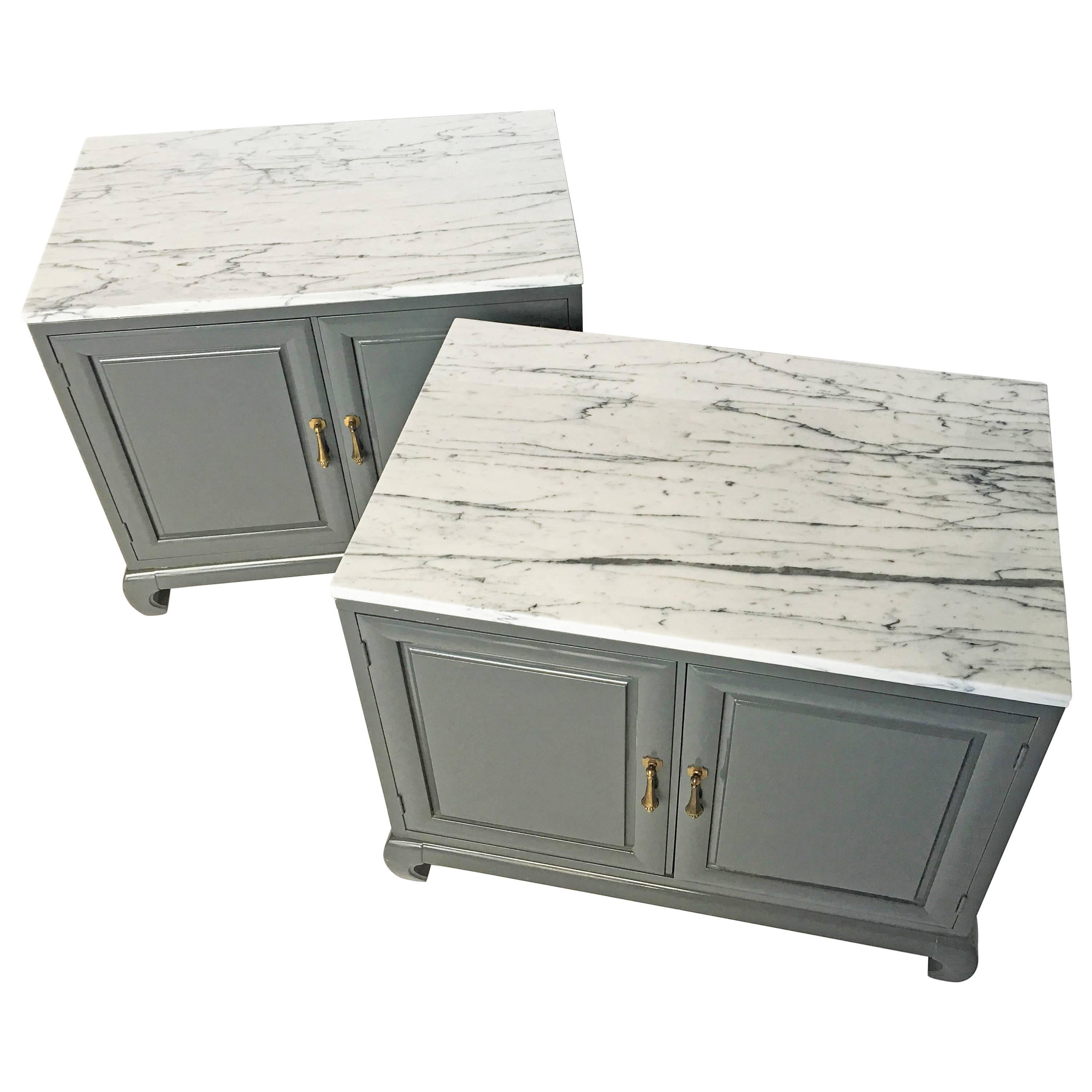 Pair of Modern Lacquered Cabinets with Brass Pulls and Marble Tops For Sale